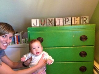 Meghan and Juniper pose with the blocks I made for my adorable little niece!